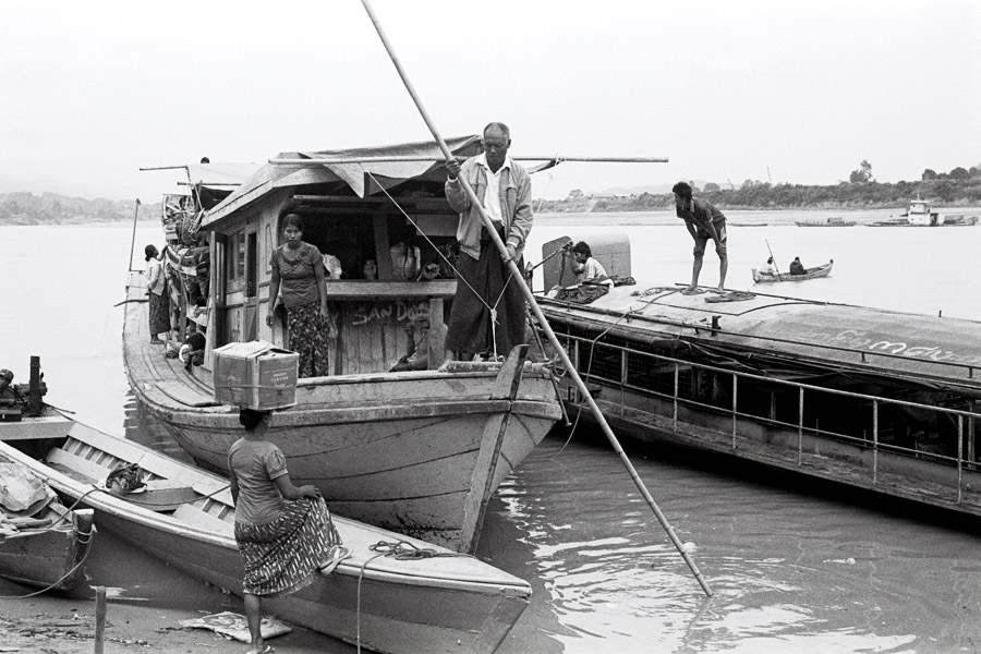 Kalewa, Sagaing Division (Chindwin River) 2014: cargo and passenger boats at the Kalewa port. The Chindwin River is a major transportation route in this part of Sagaing Division.