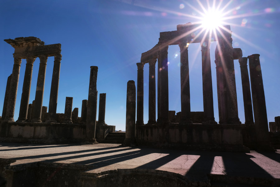 Dougga, Tunisia 2019: well-kept Roman ruins in an isolated valley.