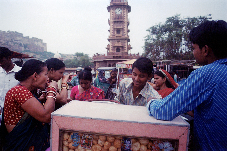 Jodhpur, India 2014: Pani puri, golgappa, and phuchka: three names for one ridiculously-delicious snack. These light-as-air shells are stuffed with potatoes and/or chickpeas, tamarind-flavored water, and plenty of chili upon request. Orders consist of 6 or 8, eaten while crowding around a street vendor, who loads one into your tiny disposable bowl, waits until the multitude of flavors explodes in your mouth, then fills another ball. Several local men told me that pani puri were particularly loved by women. Not entirely certain what they were suggesting....