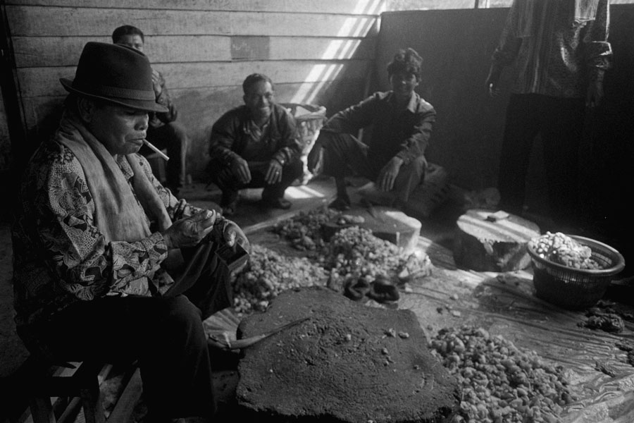 Dokan, Sumatra, Indonesia 2013: male guests prepare food for a Batak wedding.